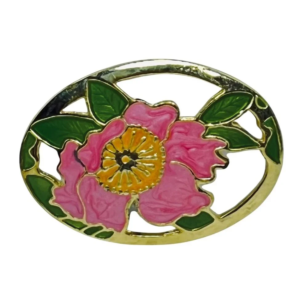 Pink & Green Enamel And Gold Tone Lotus Flower Brooch Made In Thailand (5643) - Picture 2 of 5